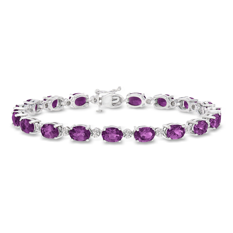 Amethyst tennis bracelet with diamond accents in sterling silver, oval purple gemstones