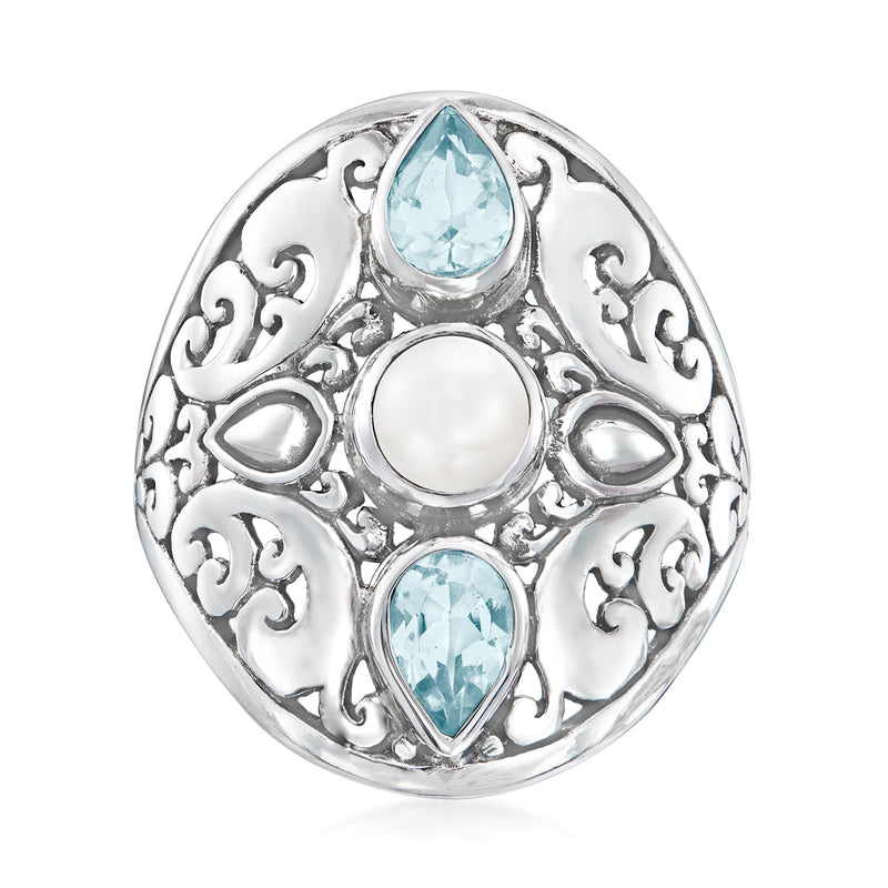 Sterling silver Bali-style ring with sky blue topaz and cultured pearl
