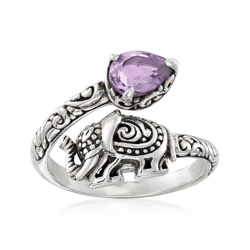 Sterling silver amethyst bypass ring with Bali-style elephant accents and oval purple gemstone