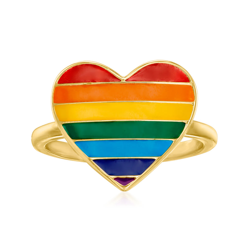 Rainbow heart enamel ring, multicolor stripes on 18kt gold-over-sterling band