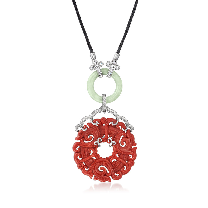 Sterling silver necklace with green jade ring and red jade round enhancer with CZ details