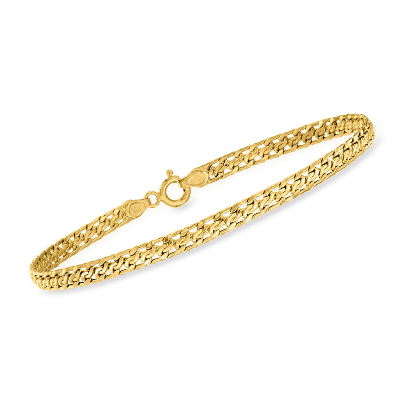 14kt yellow gold wheat-link bracelet with circular clasp and polished chain links