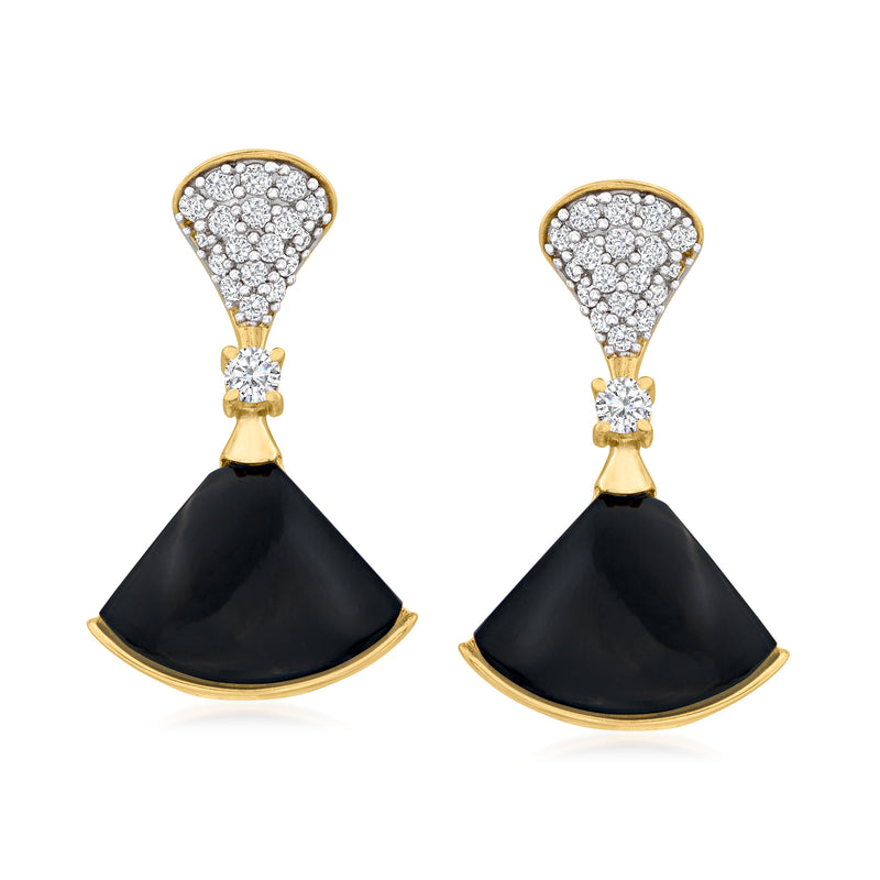 Gold-tone drop earrings with black onyx fan drops and white zircon pave accents