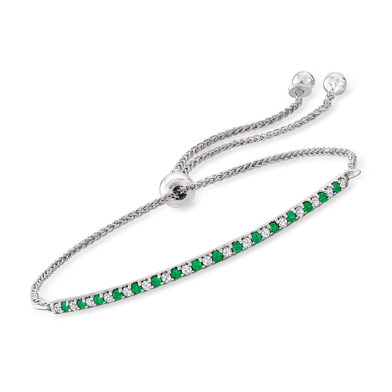 Sterling silver bolo bracelet with green emerald bar and diamond accents