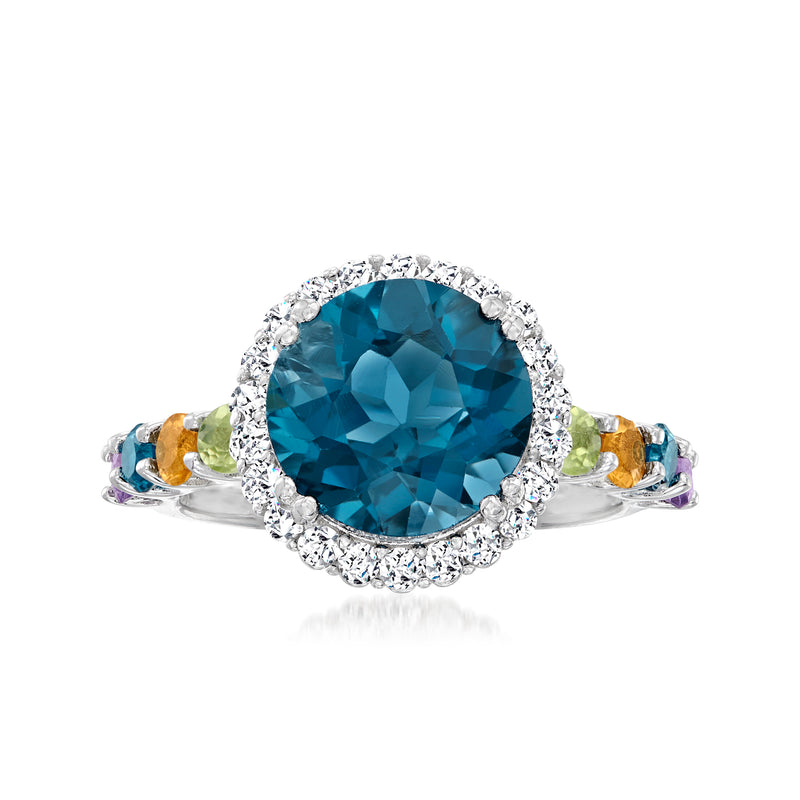 Sterling silver ring with oval London blue topaz, diamond halo, multicolor side gemstones