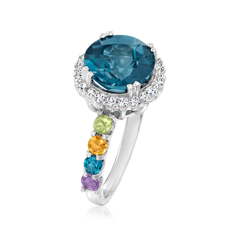 Sterling silver ring with oval London blue topaz, diamond halo, multicolor gemstones on band