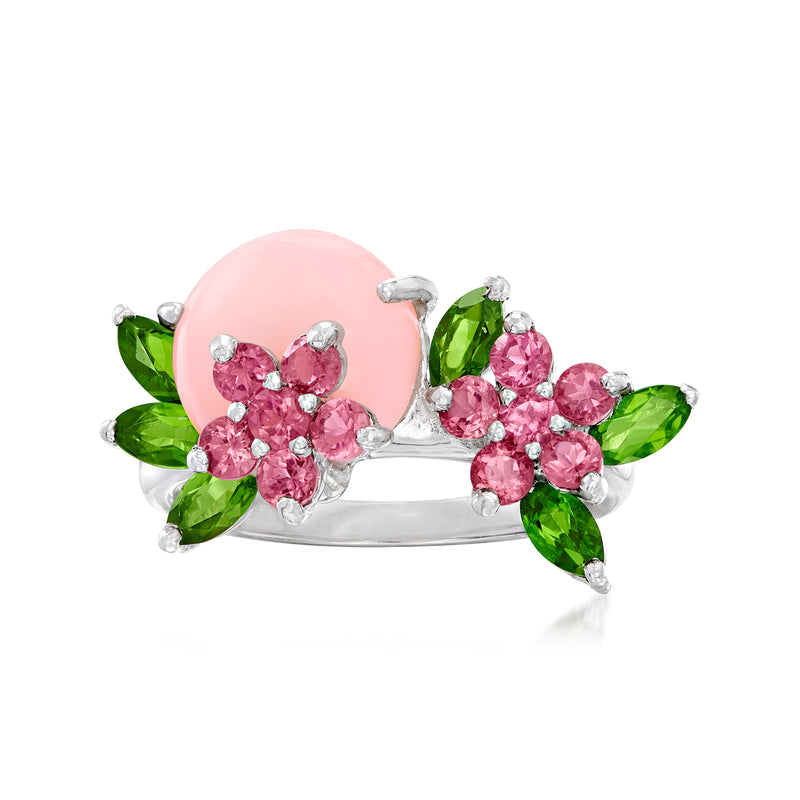 Sterling silver multi-gem flower ring with pink center stones and green leaf accents