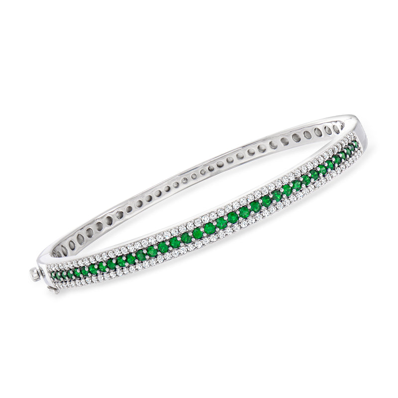 Sterling silver bangle bracelet with green emerald stones and white diamonds