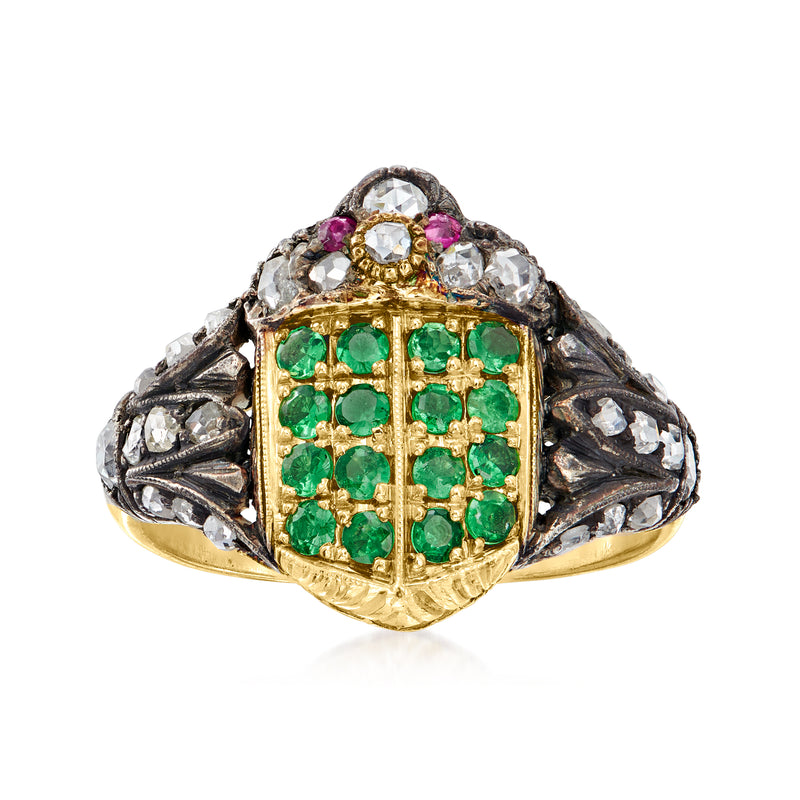 Vintage diamond ring with green stones, ruby accents, yellow gold bezel in silver