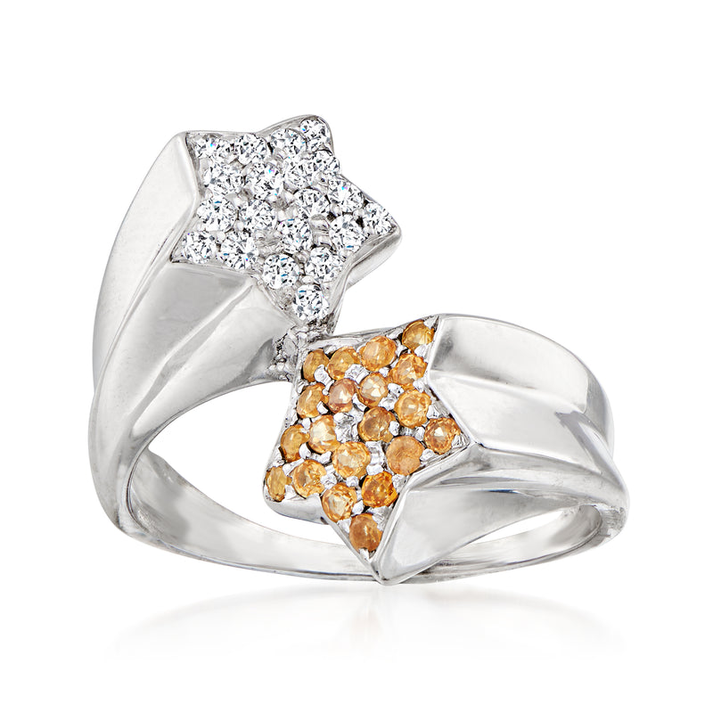 18kt white gold bypass ring with citrine star cluster and clear diamond accents