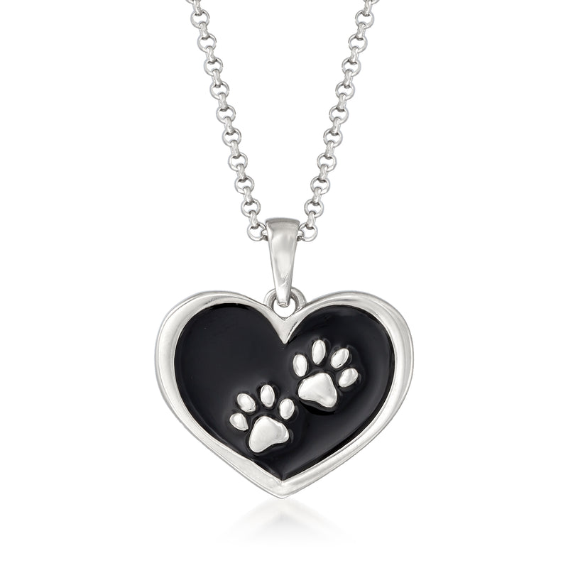Sterling silver heart pendant necklace with black enamel and paw print accents