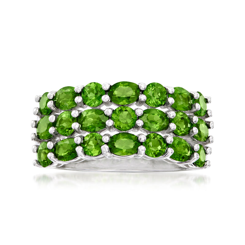 Three-row sterling silver ring with green chrome diopside gemstones