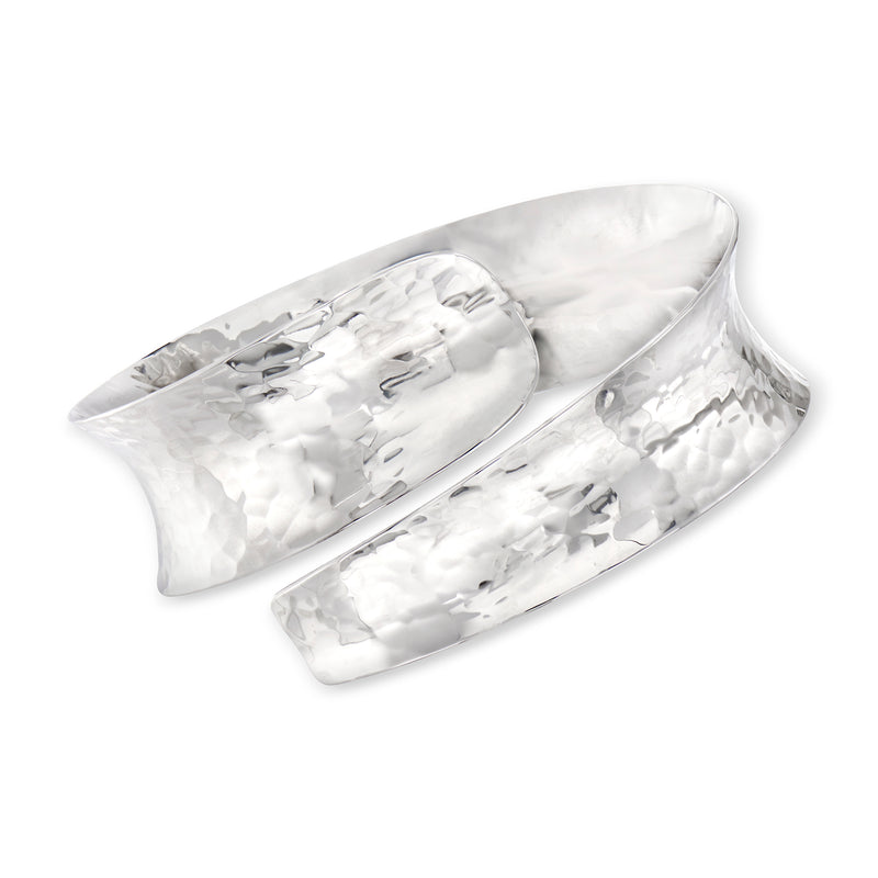 Sterling silver bypass cuff bracelet with textured hammered finish and polished center