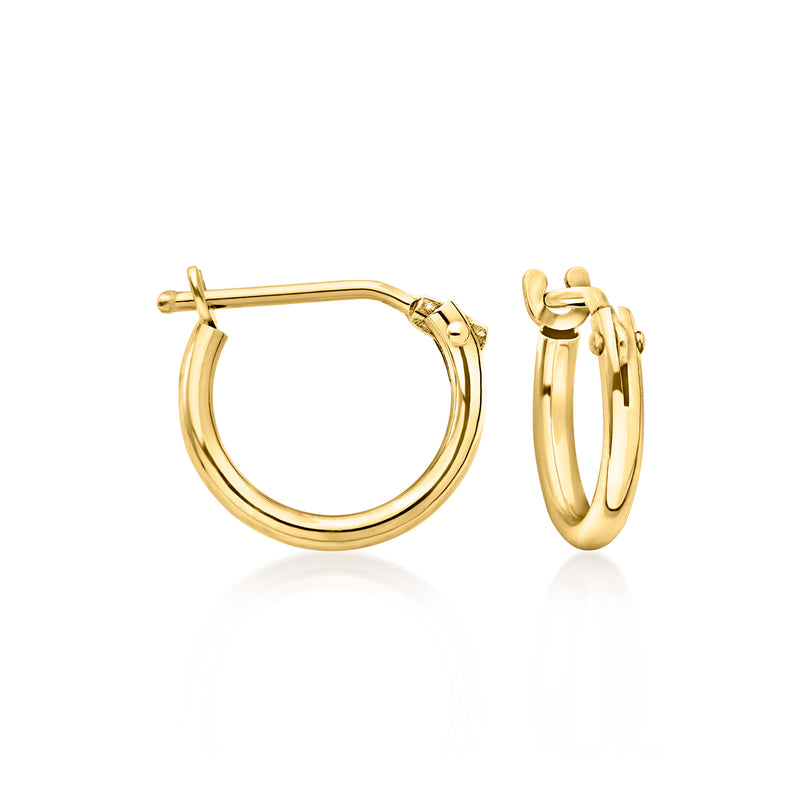 Kids 14k yellow gold round hoop earrings, hinged with clasp