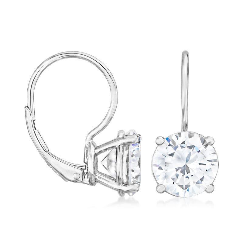 Sterling silver leverback CZ drop earrings with round stone
