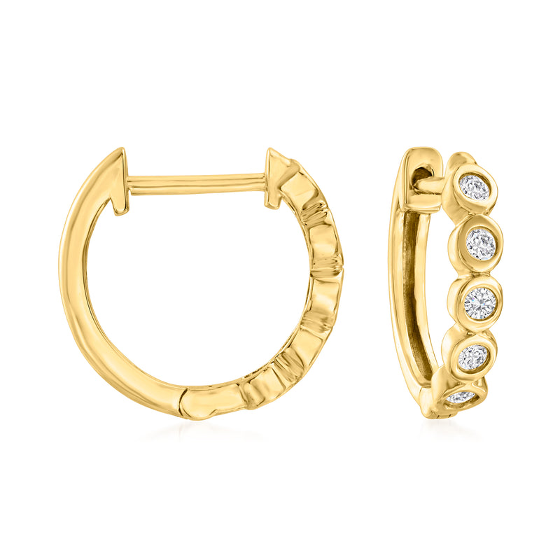 14kt yellow gold diamond huggie hoop earrings with bezel-set round stones