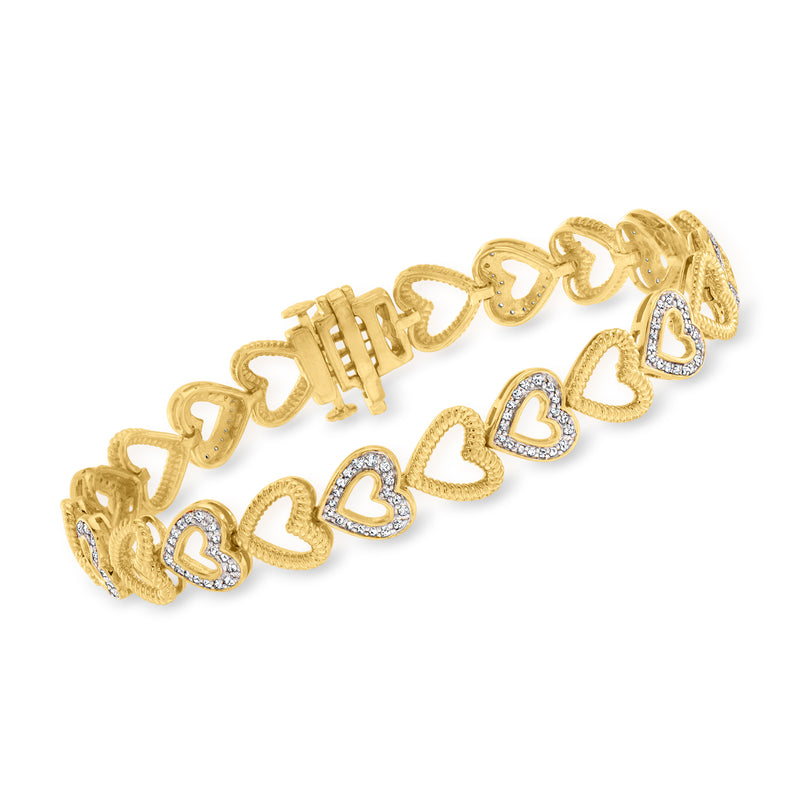 Gold heart-link bracelet with clear diamond accents, 18kt gold over sterling.