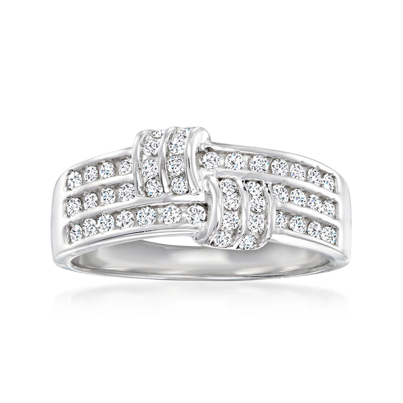 Sterling silver diamond knot ring with set round stones on a curved band.
