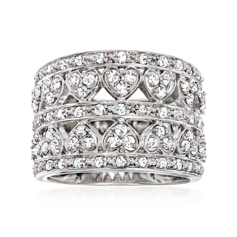 Sterling silver diamond multi-row heart ring