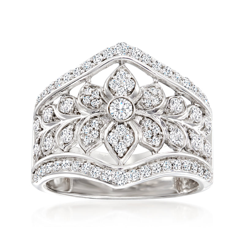Sterling silver openwork flower diamond ring with round stones, curved band