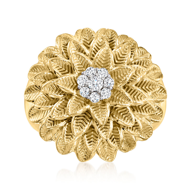 Gold flower cocktail ring with raised round center gemstone
