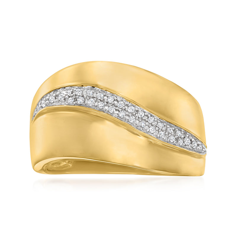 Wave diamond ring with round stones set in a curved band on 18kt gold over sterling