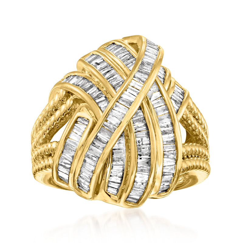 Gold over sterling baguette diamond highway ring with crisscross ribbon bands