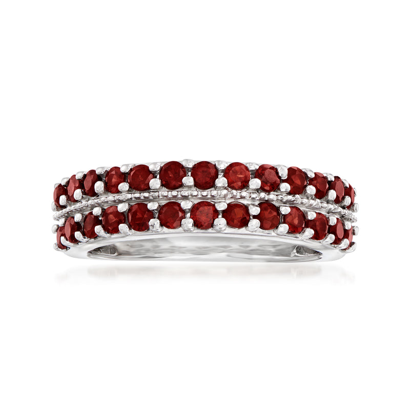 Sterling silver two-row garnet ring with round red stones and bright metal settings