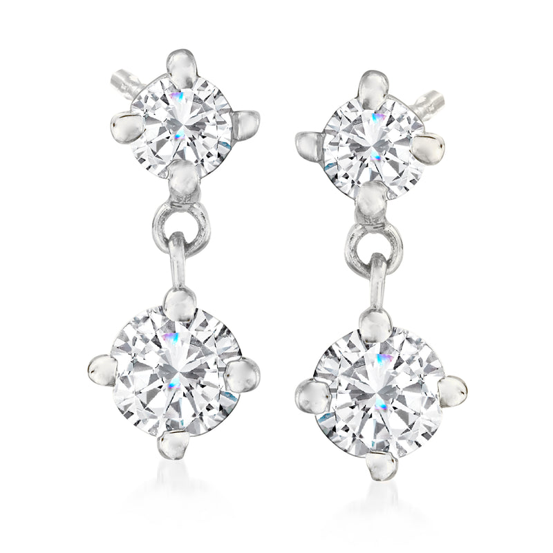 14kt white gold diamond drop earrings, two round stones
