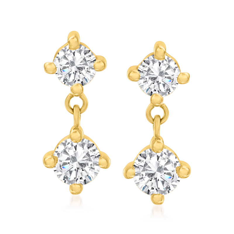 14kt yellow gold diamond drop earrings with two round stones, teardrop dangles