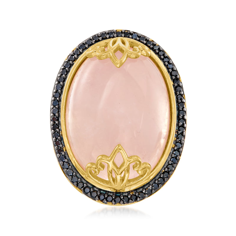 Oval rose quartz cabochon ring with black spinel halo and 18kt gold over sterling setting