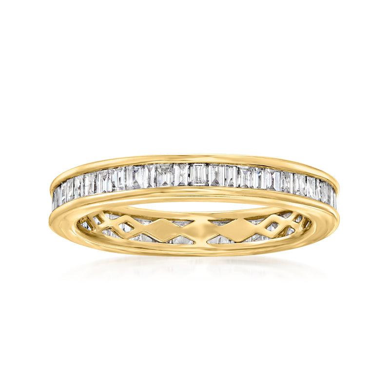 14k yellow gold eternity ring with baguette-cut diamond channel, polished finish