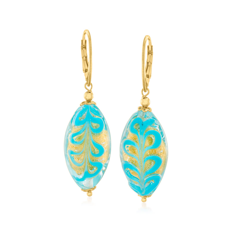 Gold leverback drop earrings with blue and gold Murano glass teardrop dangles