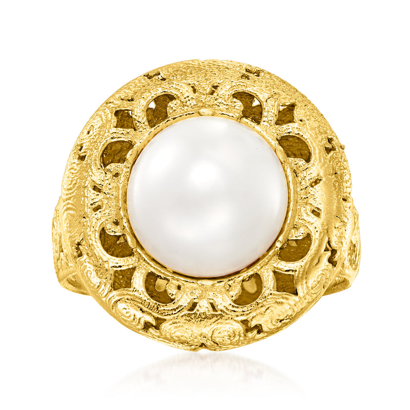 Gold-tone ring with 10mm white cultured pearl and ornate scrollwork frame