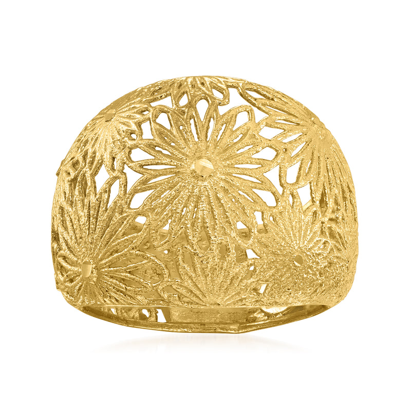 Gold over sterling openwork floral dome ring with cutout pattern