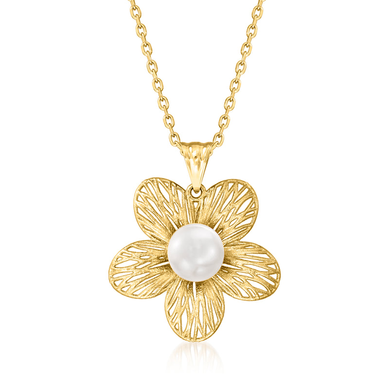 Gold flower pendant necklace with round cultured pearl center on chain