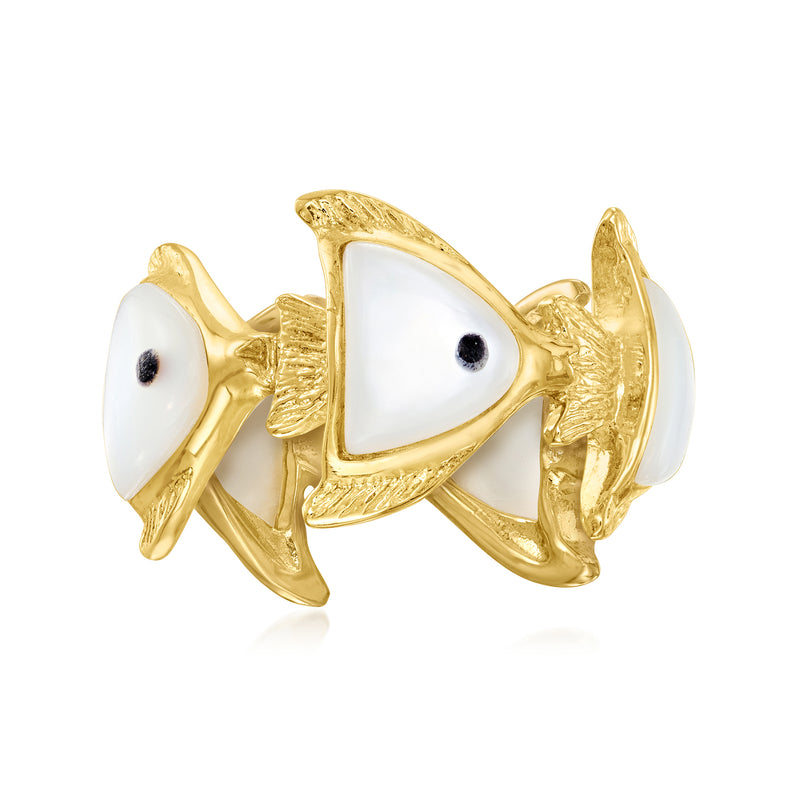 Gold-tone angel fish ring with white mother-of-pearl bodies and black enamel eyes