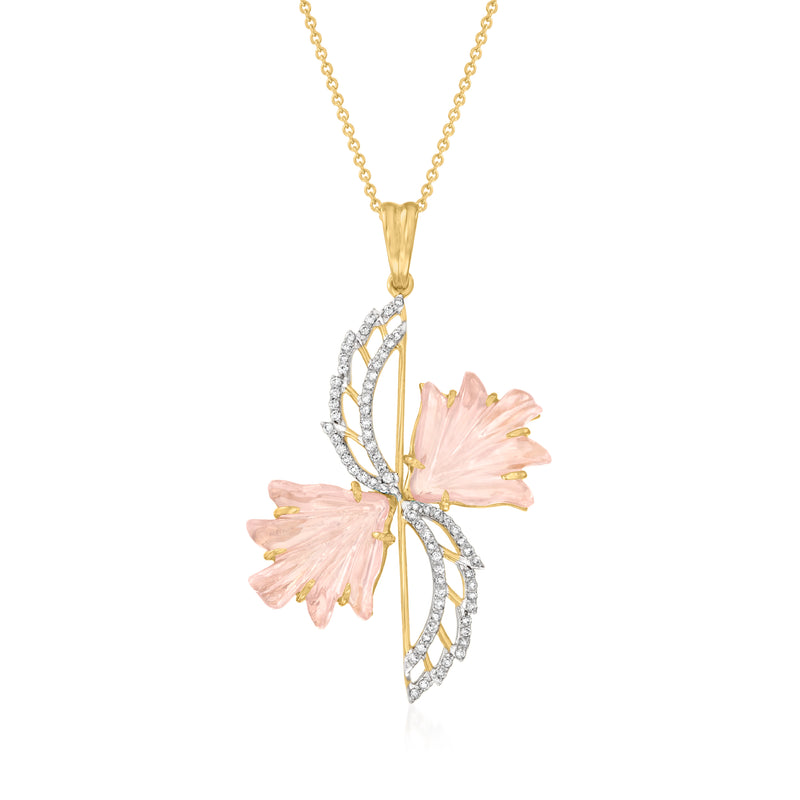 14kt yellow gold flower pendant necklace with pink rose quartz petals and diamond accents