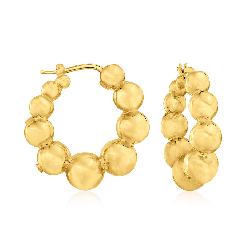 Graduated beaded hoop earrings in 18kt yellow gold, round bead profile