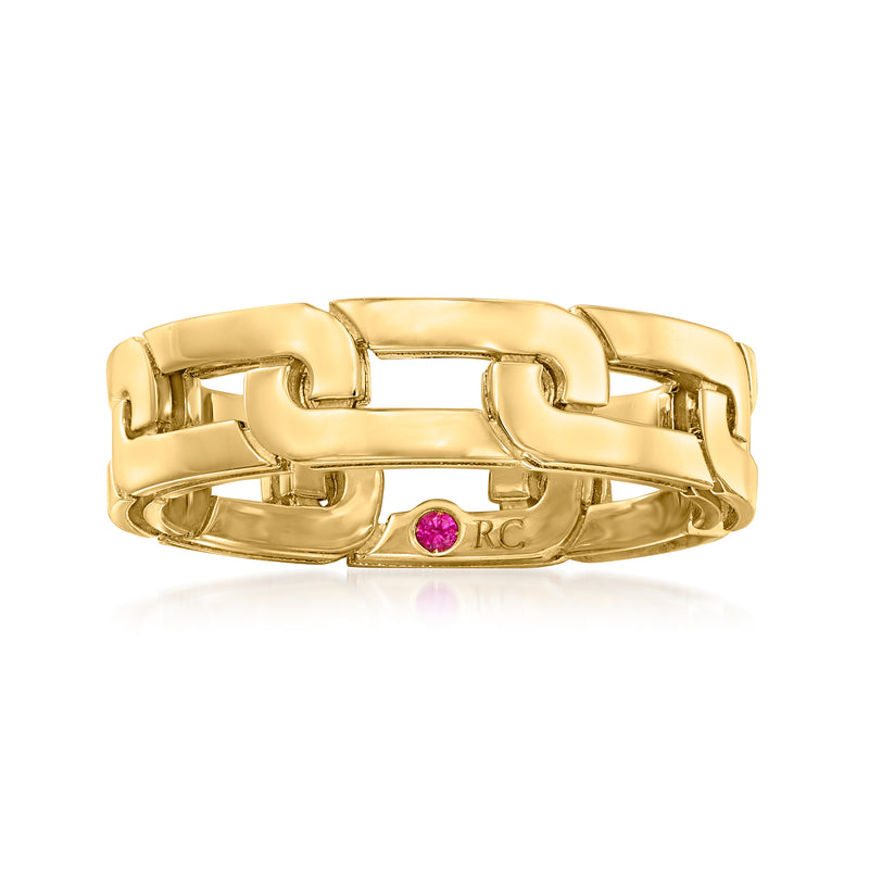 Roberto Coin 18kt yellow gold ring with linked bezel design and pink gemstone in center