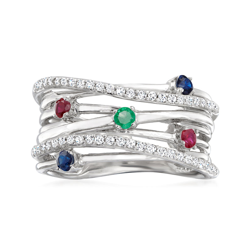 Sterling silver diamond and multi-gemstone highway ring with blue, green, and red stones