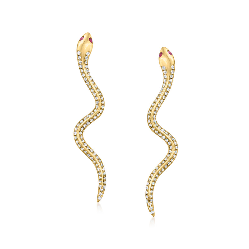 Diamond snake drop earrings with ruby accents in 14kt yellow gold