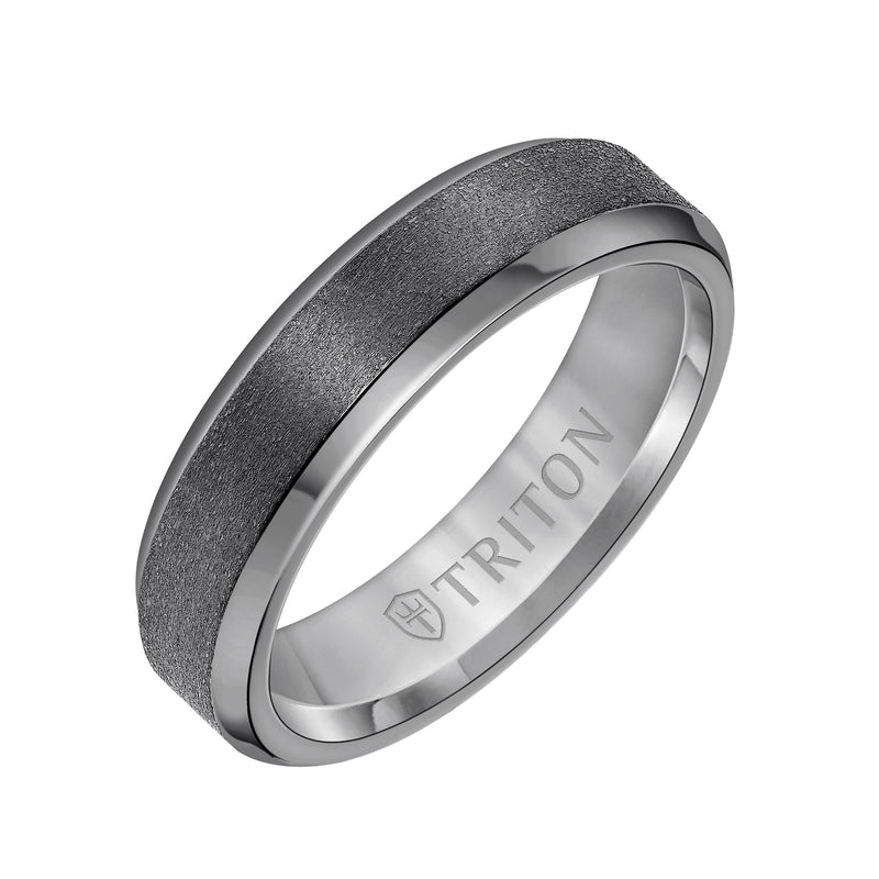 Men's 6mm brushed dark gray wedding band with engraved TRITON on inside