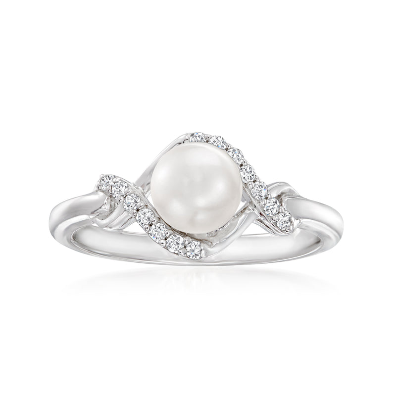 Sterling silver twisted ring with round cultured pearl and diamond accents