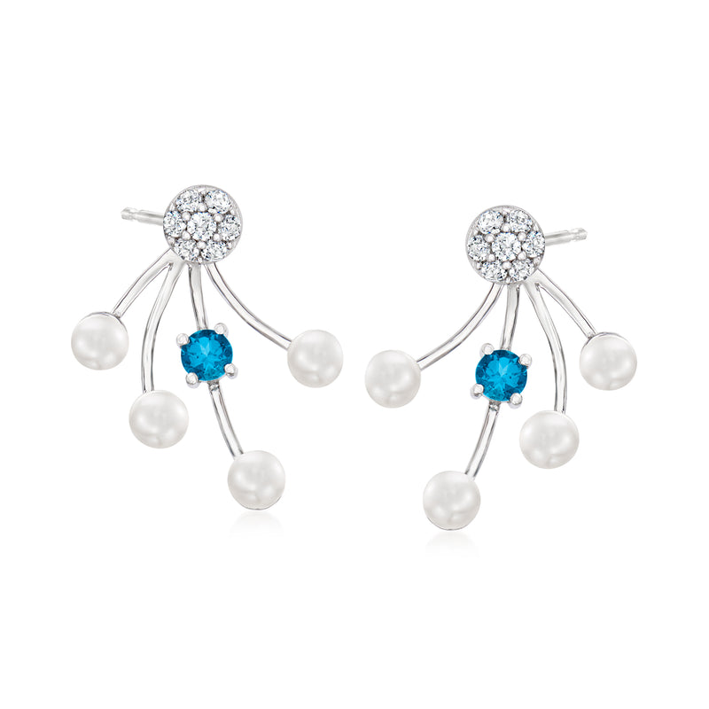 Sterling silver drop earrings with white and blue topaz and cultured pearl accents