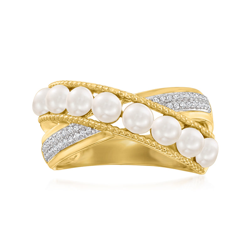 18kt gold over sterling crisscross ring with white cultured pearls and diamond pave bands