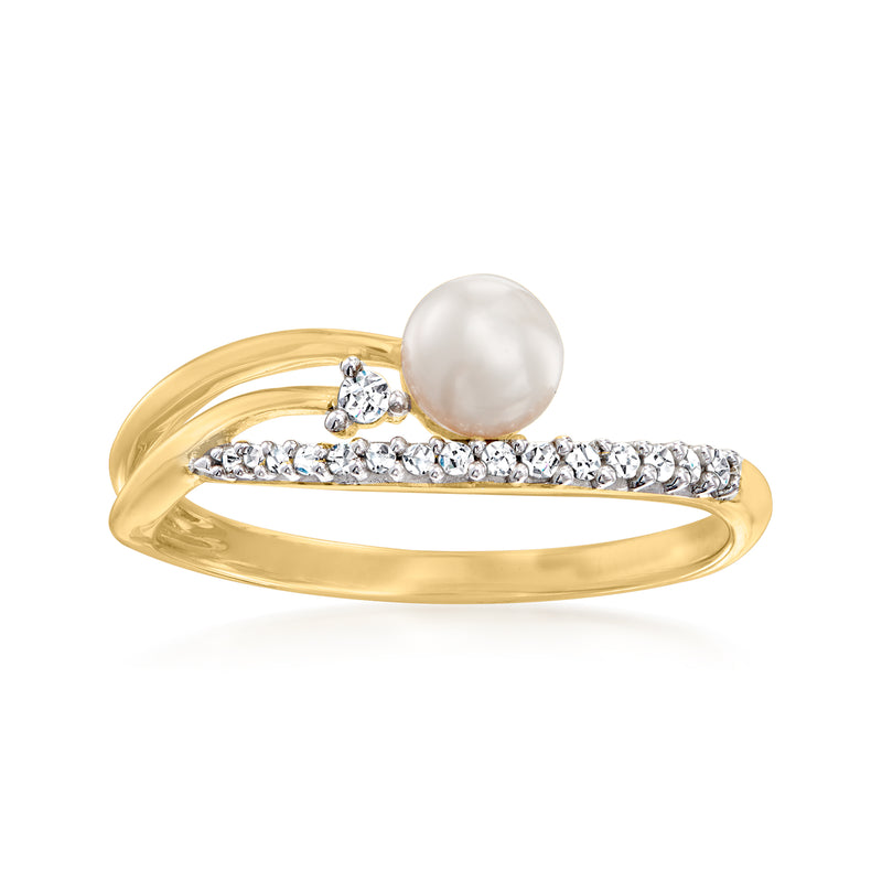 14kt yellow gold ring with white cultured pearl and channel-set diamond band