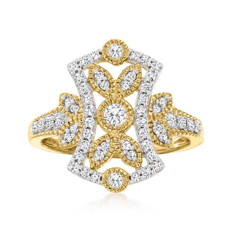 Milgrain diamond-look ring with oval center and gold-and-silver filigree bezel