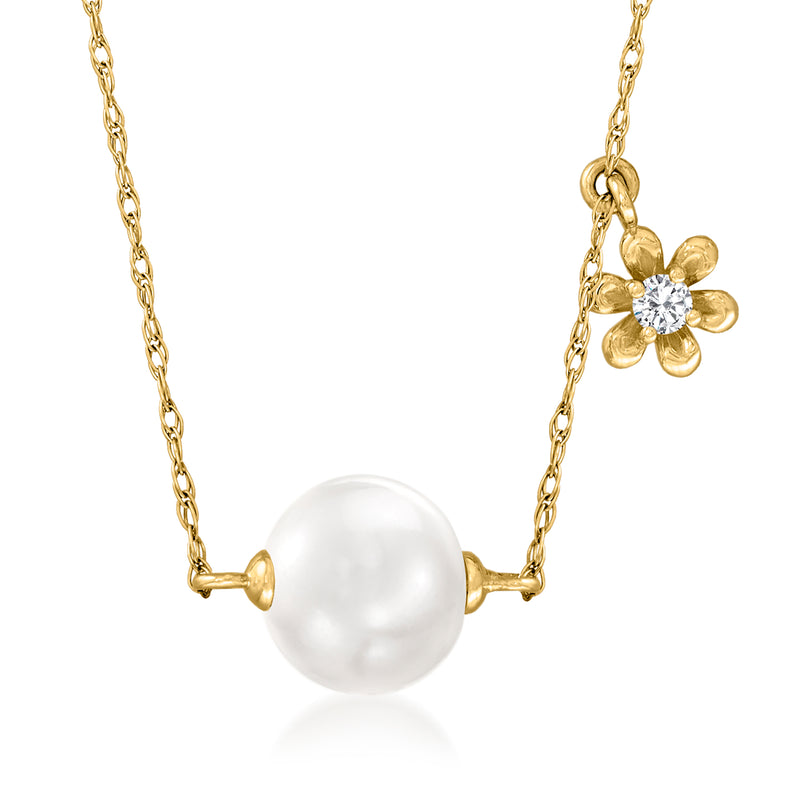 14kt yellow gold necklace with round cultured pearl and diamond-accented flower charm