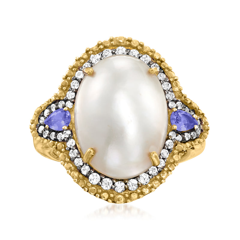 18kt gold over sterling ring with large oval white cultured pearl, diamond halo, blue stones